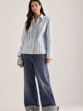 NWT ALIGNE Talia Stripe Ruffle Shirt Blue Green Button Down Sz 2